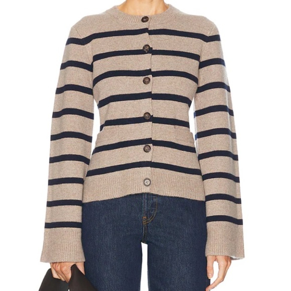 Jenni Kayne Cooper Button Wool Cashmere Knit Cardigan Sweater Taupe Navy Stripe - Picture 4 of 11